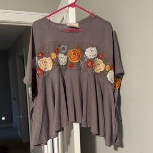 Savanna Jane Charcoal Top with Multicolor Floral Embroidery